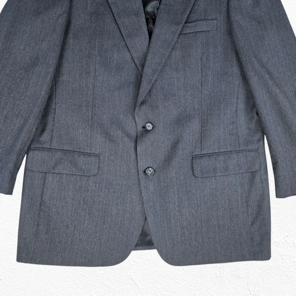 1980s Vintage Burberry Wool Blazer Gray Red Pinstripe USA Union Made Size 44R